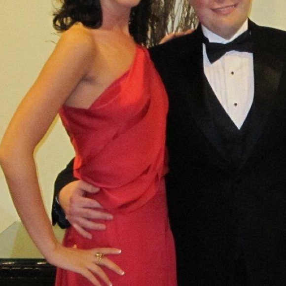 Red Silk One Shoulder BCBG Floor Length Gown - Picture 2 of 6